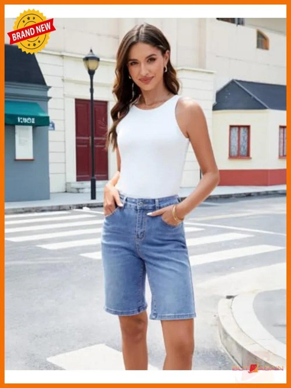 High Waisted Stretch Denim Bermuda Shorts Knee Length Cutoff Loose Fit 5 Pockets